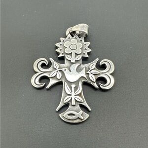 RETIRED James Avery Silver Cross Pendant with Dove and Floral Design